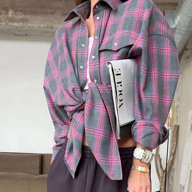 Oversized Plaid Flannel Shirt Button - Down Lapel — Indie Grunge Y2K - BaeSprout.com