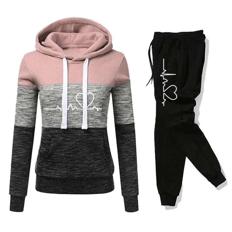 Color Block Hoodie Jogger Set Two Piece Heartbeat — Y2K Sporty Streetwear - BaeSprout.com