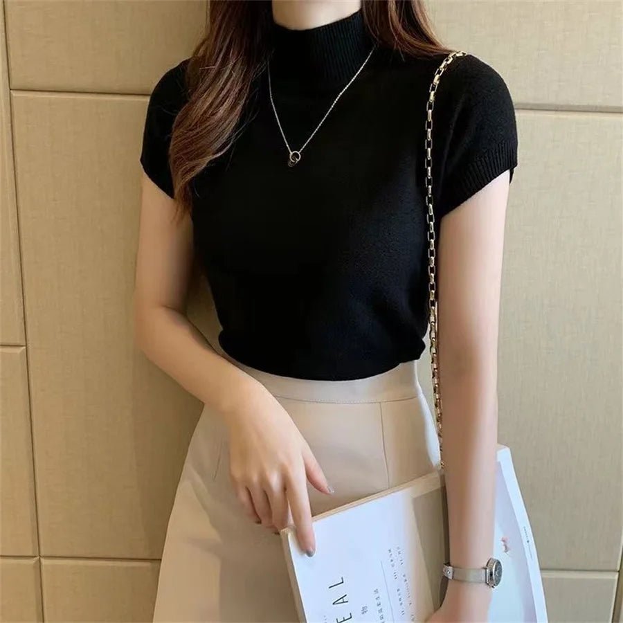 Knit Turtleneck Short Sleeve Top with Slim Fit — Korean Quiet Luxury - BaeSprout.com