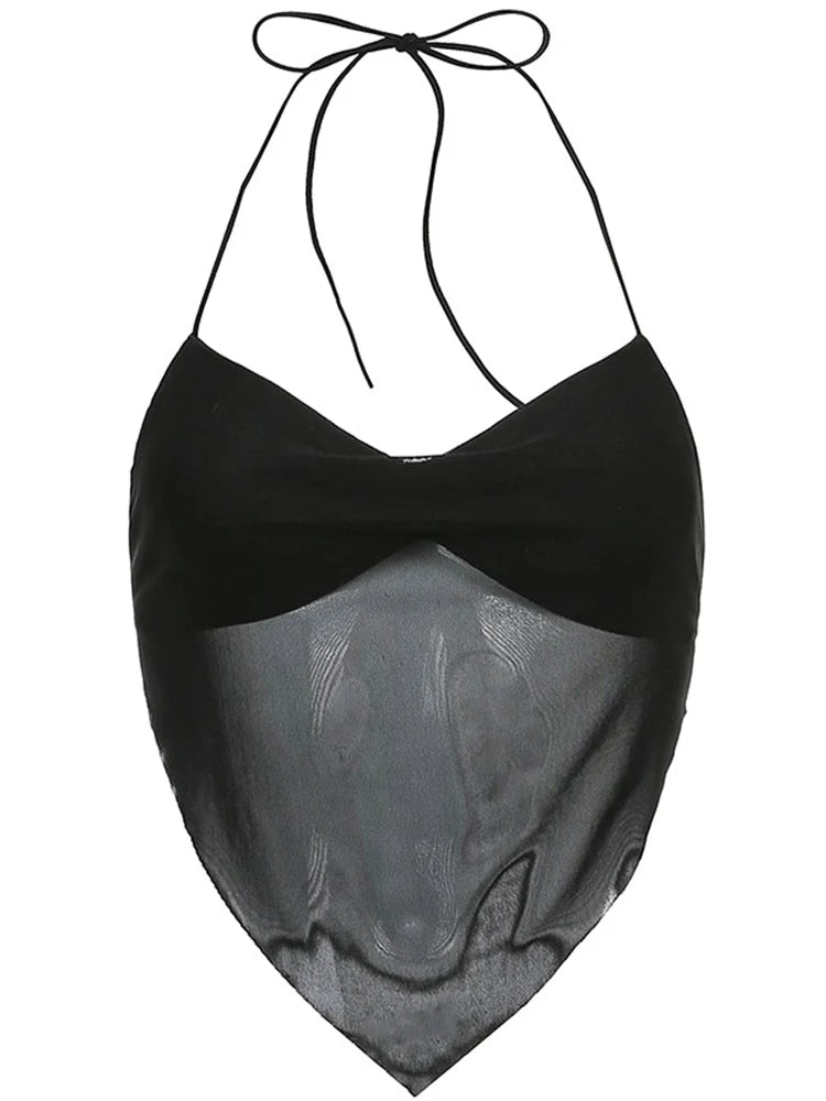 Y2K Transparent Mesh Halter Crop Top - BaeSprout.com