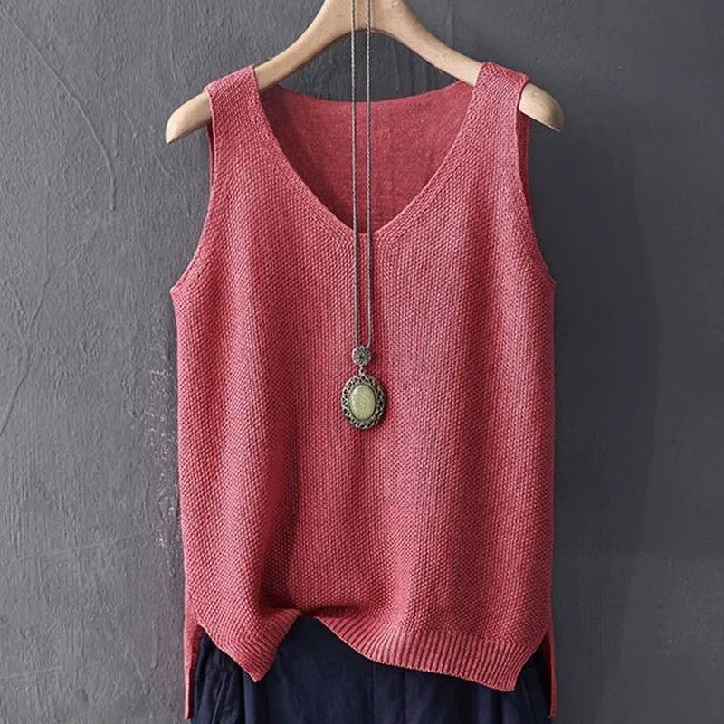 Knit V - Neck Vest Top Sleeveless Side Slit — Cottagecore Indie Layering - BaeSprout.com