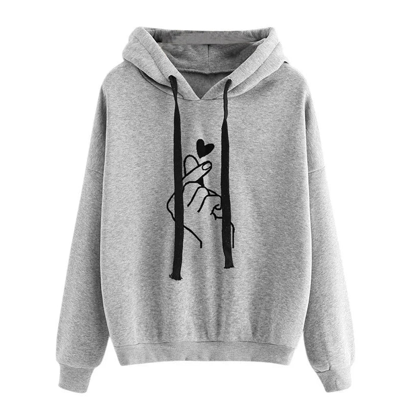 Finger Heart Graphic Hoodie Loose Fit Fleece — K - Pop Coquette Casual - BaeSprout.com