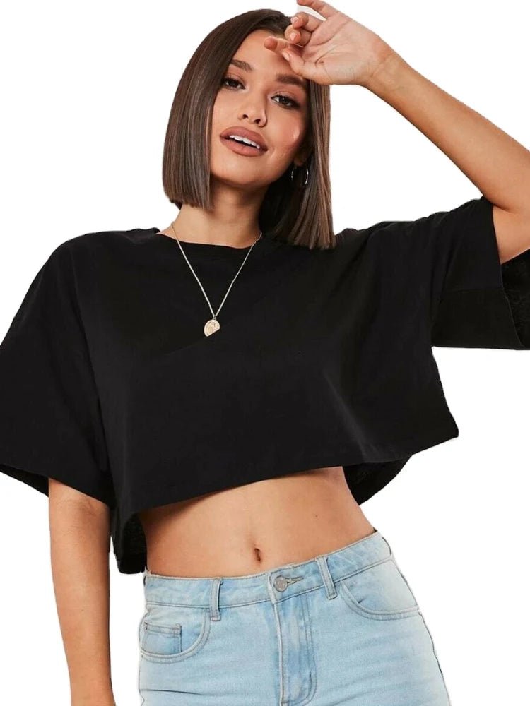Oversized Cotton Crop Tee with Short Sleeves — Y2K Casual - BaeSprout.com