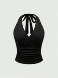V - Neck Halter Crop Top Ruched Tie - Back Backless — Y2K Baddie Night Out - BaeSprout.com