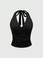 V - Neck Halter Crop Top Ruched Tie - Back Backless — Y2K Baddie Night Out - BaeSprout.com