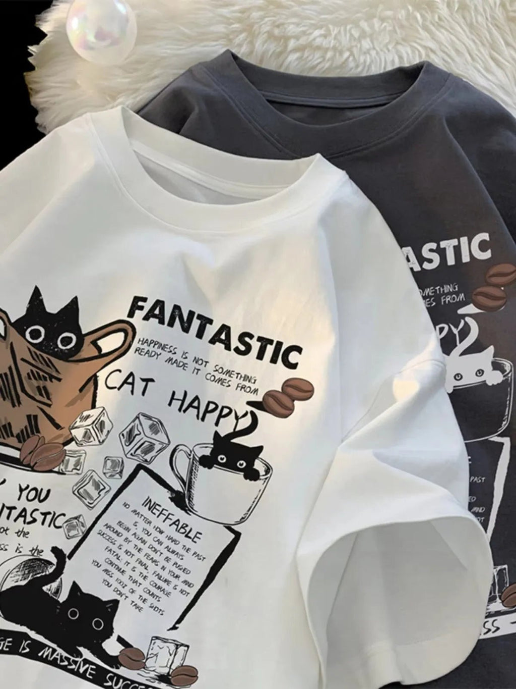 Cat Graphic Oversized Tee with Slogan Print — Y2K Indie Casual - BaeSprout.com