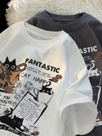 Cat Graphic Oversized Tee with Slogan Print — Y2K Indie Casual - BaeSprout.com