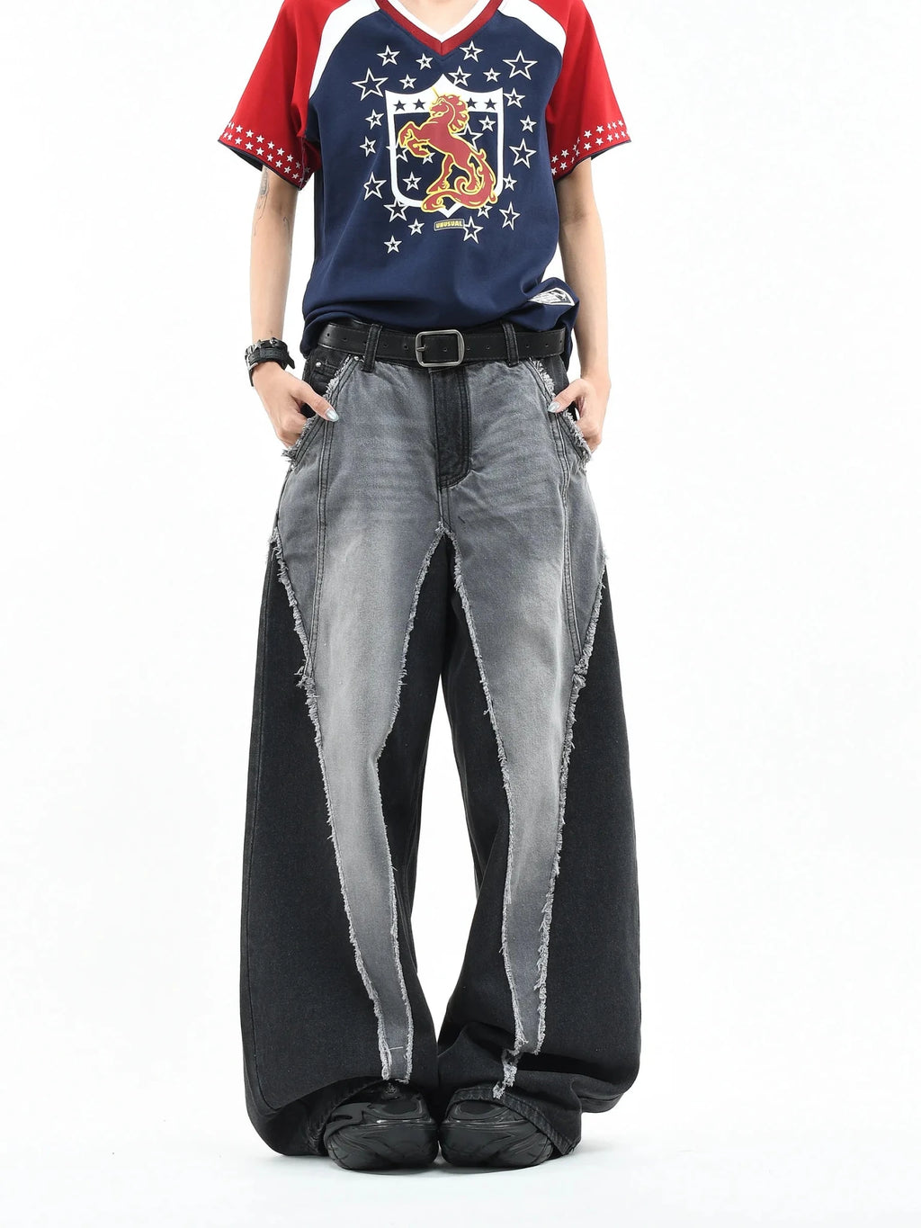 Color Block Patchwork Baggy Wide Leg Jeans - Y2K - BaeSprout.com