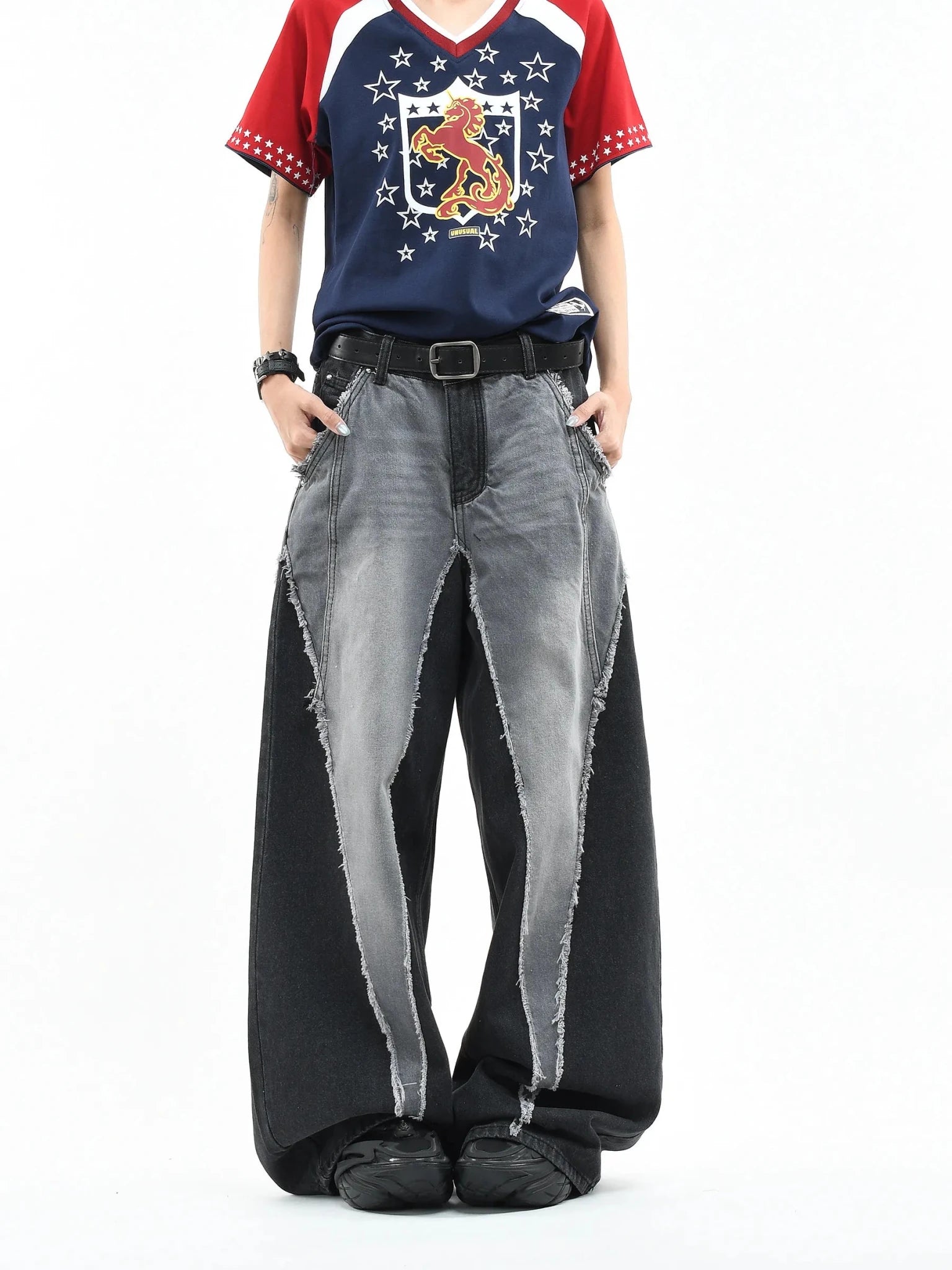 Color Block Patchwork Baggy Wide Leg Jeans - Y2K - BaeSprout.com