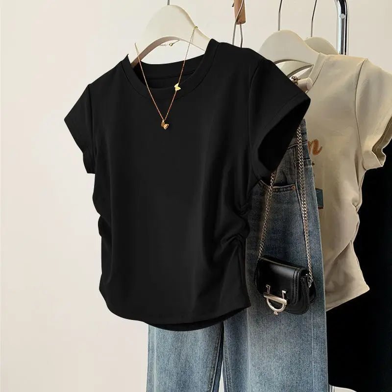 Ruched Side Tee Slim Fit Cap Sleeve Crew Neck — Clean Girl Everyday - BaeSprout.com