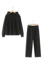 V - Neck Hoodie Wide Leg Pants Set Two Piece Fleece — Quiet Luxury Casual - BaeSprout.com