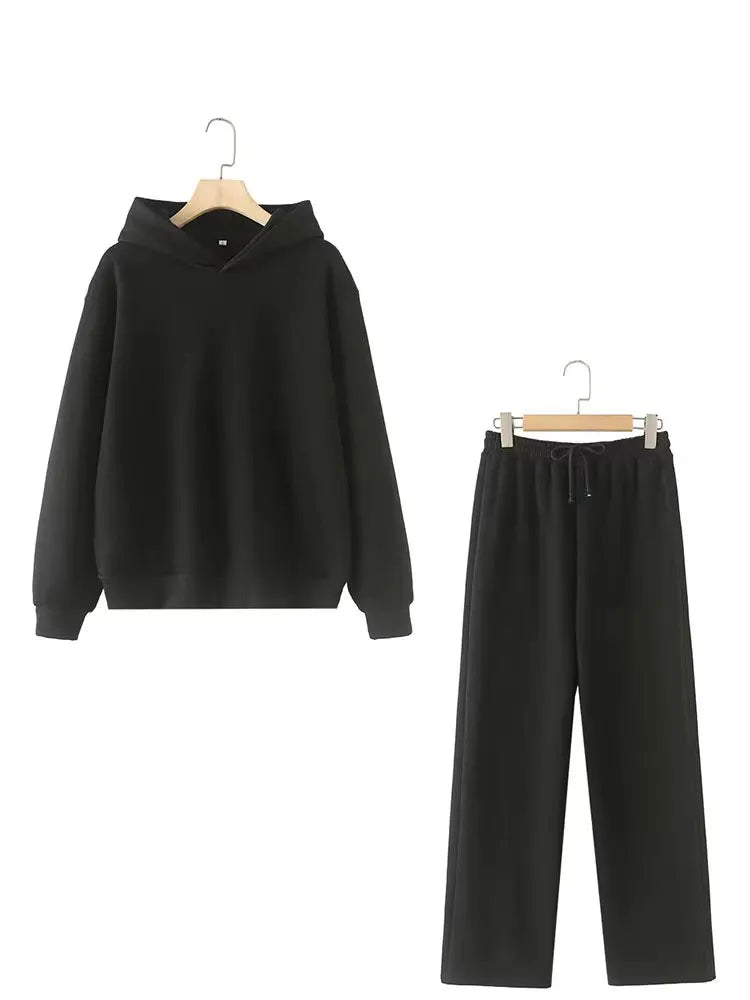 V - Neck Hoodie Wide Leg Pants Set Two Piece Fleece — Quiet Luxury Casual - BaeSprout.com