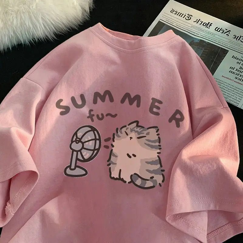 Cute Cat Graphic Tee Oversized — Kawaii Y2K Summer - BaeSprout.com