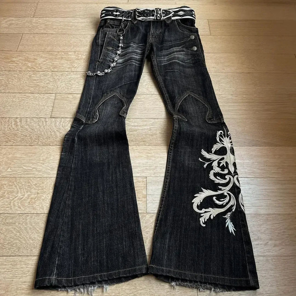 Embroidered Flare Jeans with Wide Leg — Y2K Rock Punk - BaeSprout.com