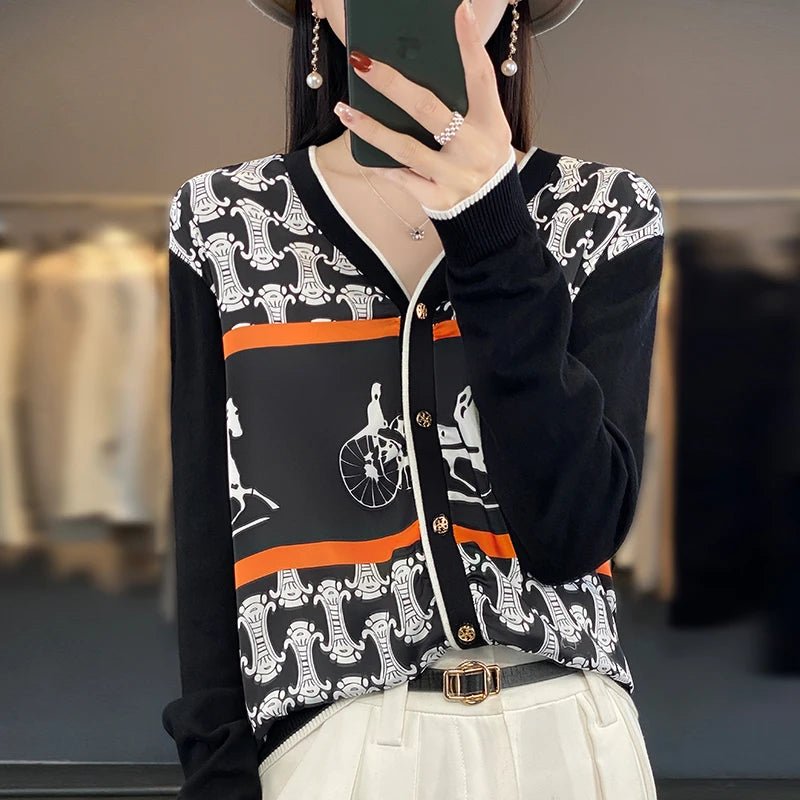 Equestrian Print Knit Cardigan V - Neck Button — Old Money Quiet Luxury - BaeSprout.com