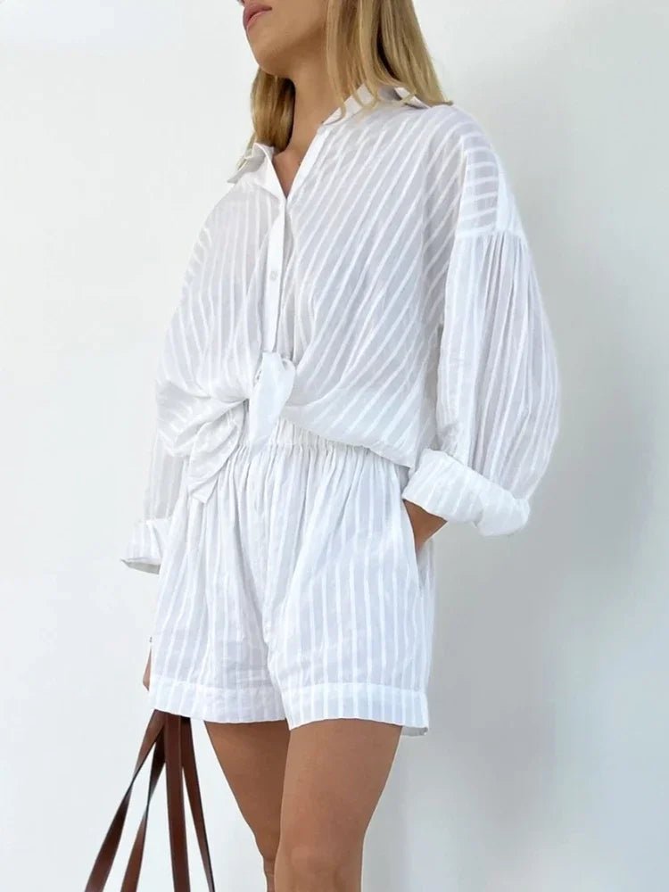 Striped Jacquard Shirt and Shorts Set with Lantern Sleeves — Quiet Luxury - BaeSprout.com