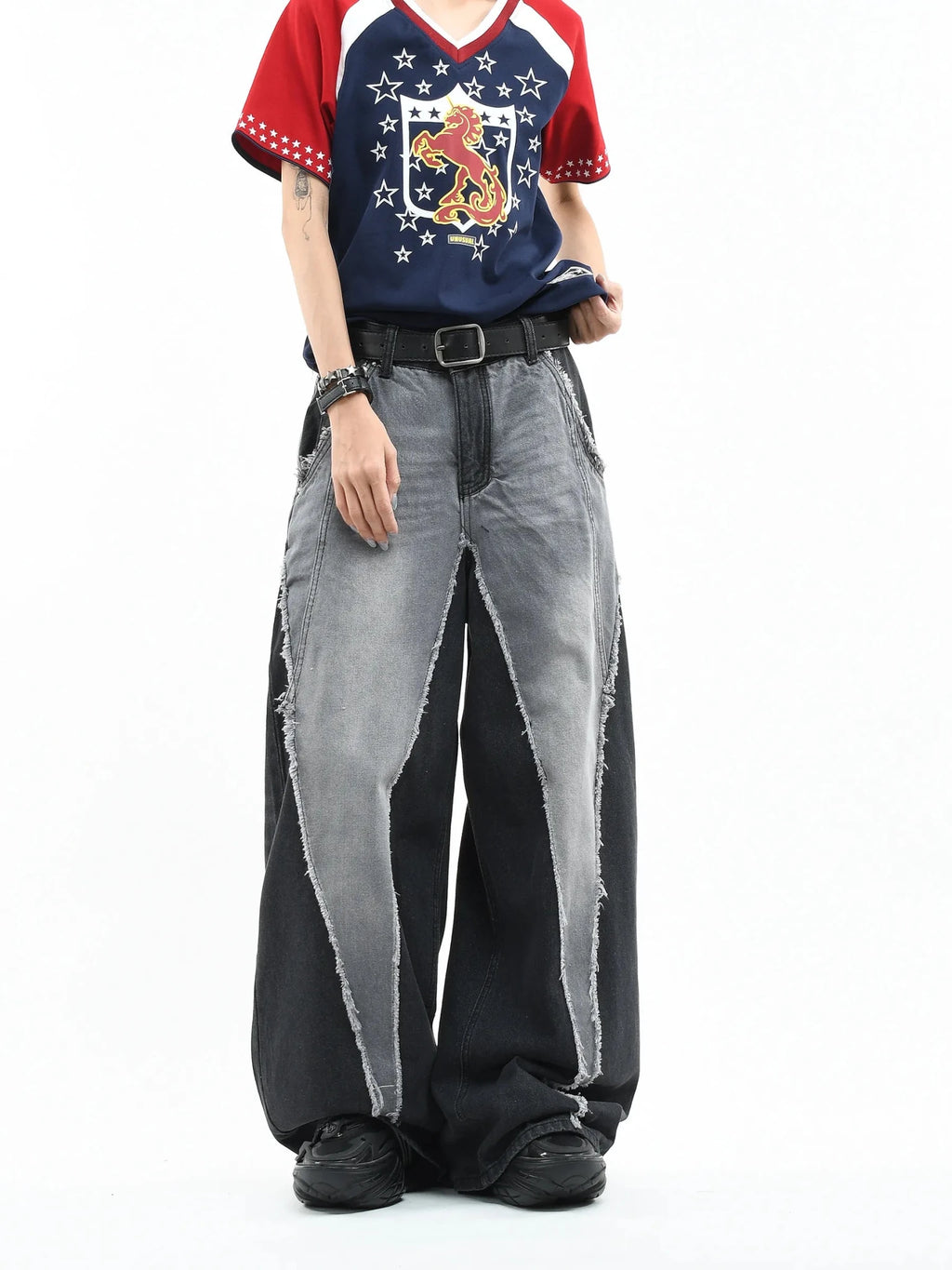 Color Block Patchwork Baggy Wide Leg Jeans - Y2K - BaeSprout.com