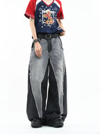 Color Block Patchwork Baggy Wide Leg Jeans - Y2K - BaeSprout.com