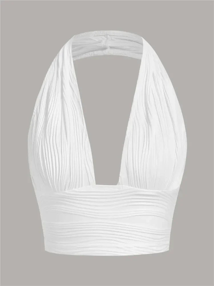 Textured Halter Crop Top Deep V - Neck Backless — Y2K Club Night Out - BaeSprout.com