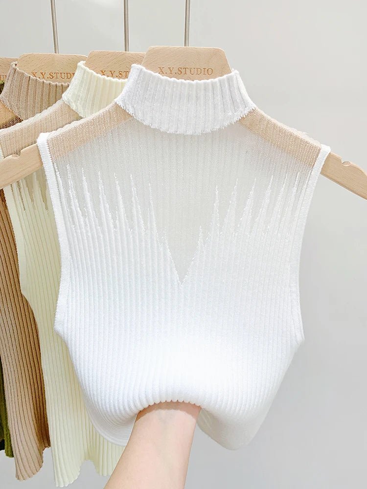 Ribbed Turtleneck Knit Vest Sheer Cut - Out — Y2K Coquette Streetwear - BaeSprout.com
