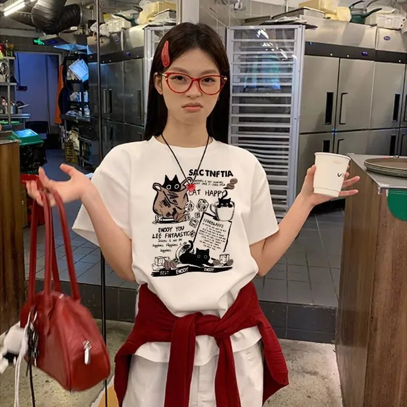Cat Graphic Oversized Tee with Slogan Print — Y2K Indie Casual - BaeSprout.com