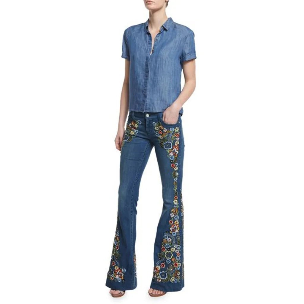Floral Embroidered Denim Flare Jeans - Retro Boho - BaeSprout.com