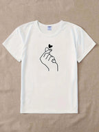 Finger Heart Graphic Tee Crew Neck Short Sleeve — K - Pop Indie Casual - BaeSprout.com