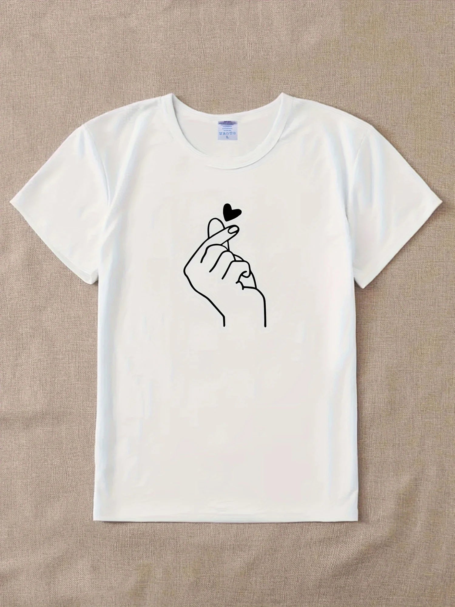 Finger Heart Graphic Tee Crew Neck Short Sleeve — K - Pop Indie Casual - BaeSprout.com