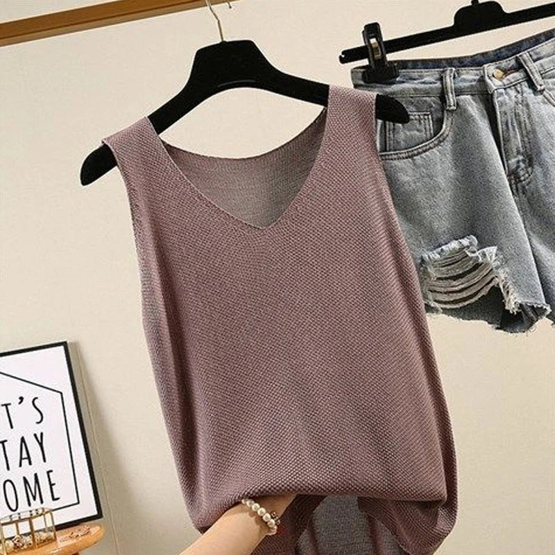 Knit V - Neck Vest Top Sleeveless Side Slit — Cottagecore Indie Layering - BaeSprout.com