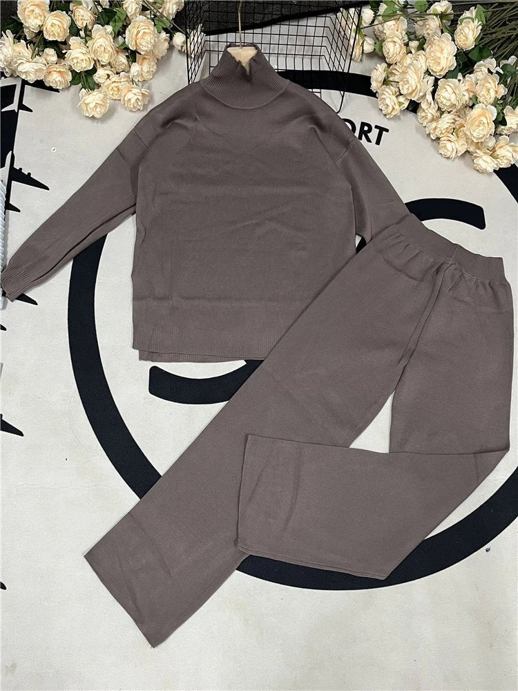 Knit Turtleneck Sweater Wide Leg Pants Set Two Piece — Quiet Luxury - BaeSprout.com