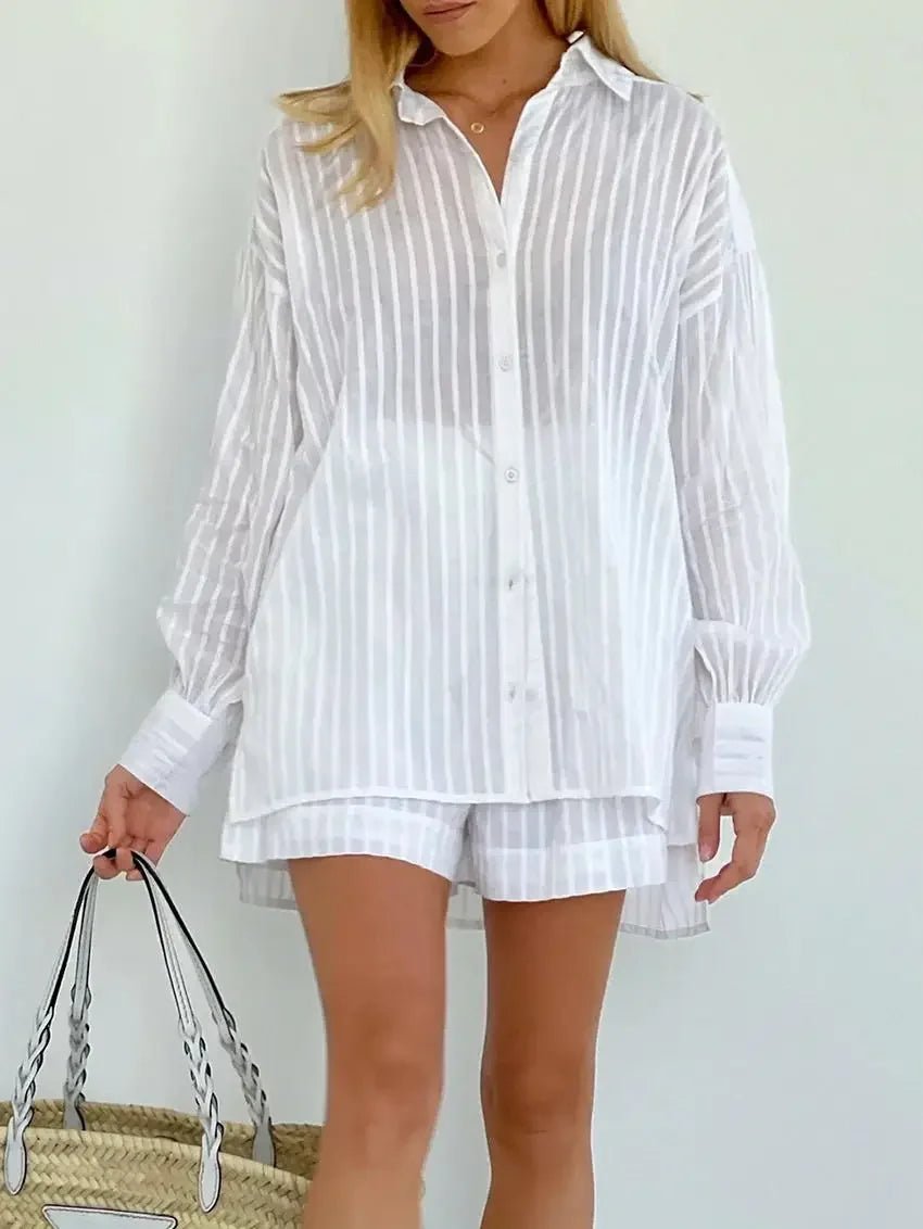 Striped Jacquard Shirt and Shorts Set with Lantern Sleeves — Quiet Luxury - BaeSprout.com