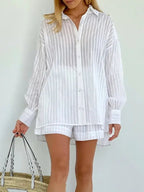 Striped Jacquard Shirt and Shorts Set with Lantern Sleeves — Quiet Luxury - BaeSprout.com