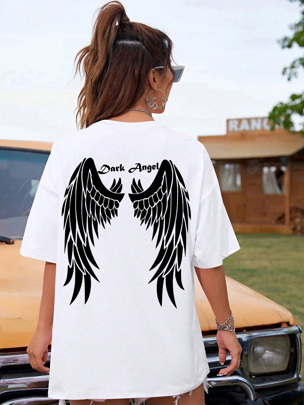 Angel Wings Back Graphic Oversized Tee with Short Sleeves — Y2K Grunge - BaeSprout.com