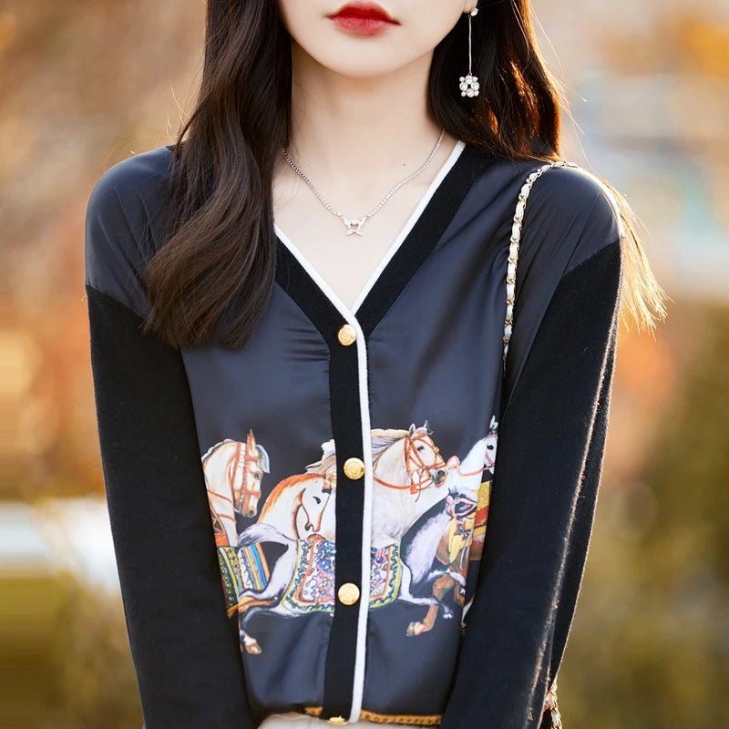 Equestrian Print Knit Cardigan V - Neck Button — Old Money Quiet Luxury - BaeSprout.com