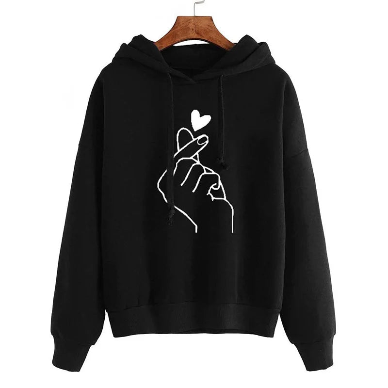 Finger Heart Graphic Hoodie Loose Fit Fleece — K - Pop Coquette Casual - BaeSprout.com
