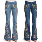 Floral Embroidered Denim Flare Jeans - Retro Boho - BaeSprout.com