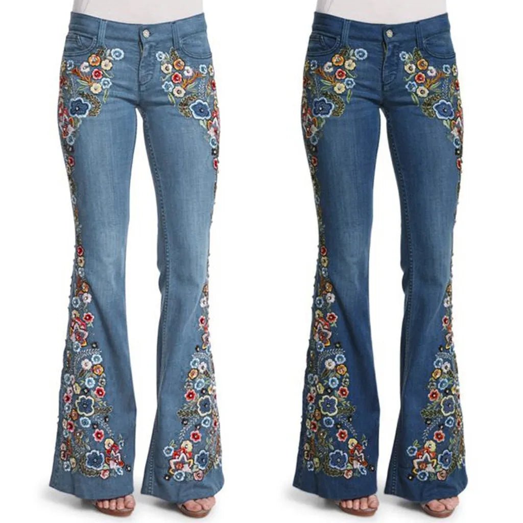 Floral Embroidered Denim Flare Jeans - Retro Boho - BaeSprout.com