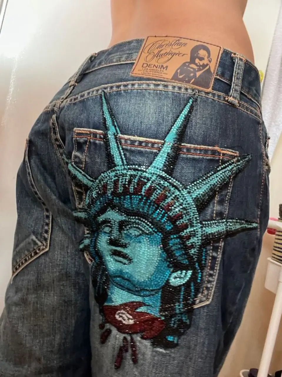 Statue of Liberty Rhinestone Jeans with Wide Leg — Y2K Harajuku - BaeSprout.com