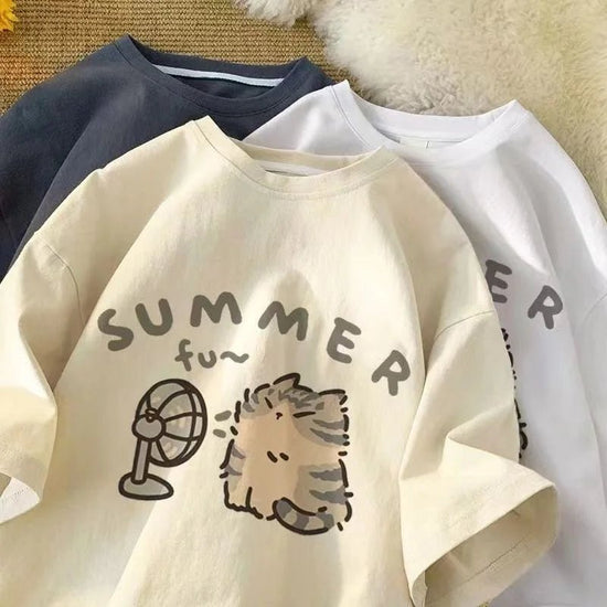 Cute Cat Graphic Tee Oversized — Kawaii Y2K Summer