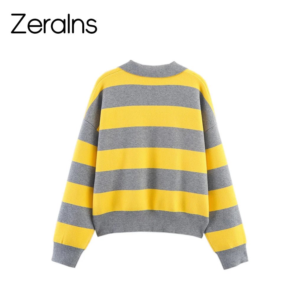 Striped Polo Collar Knit Sweater with Loose Fit — Preppy Y2K - BaeSprout.com