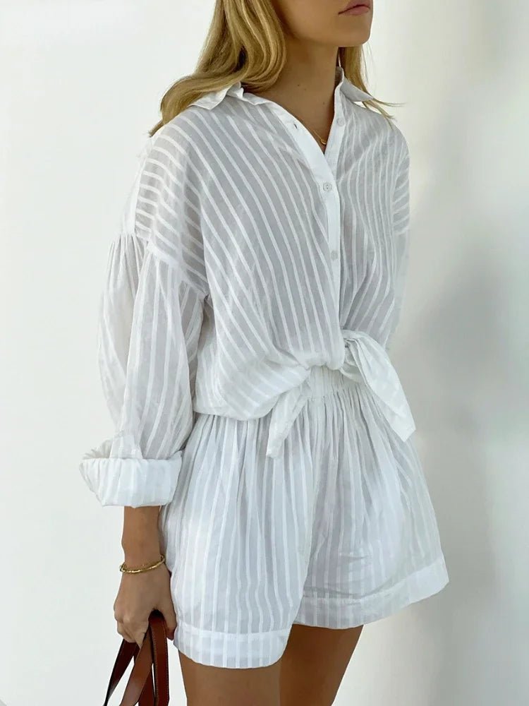 Striped Jacquard Shirt and Shorts Set with Lantern Sleeves — Quiet Luxury - BaeSprout.com