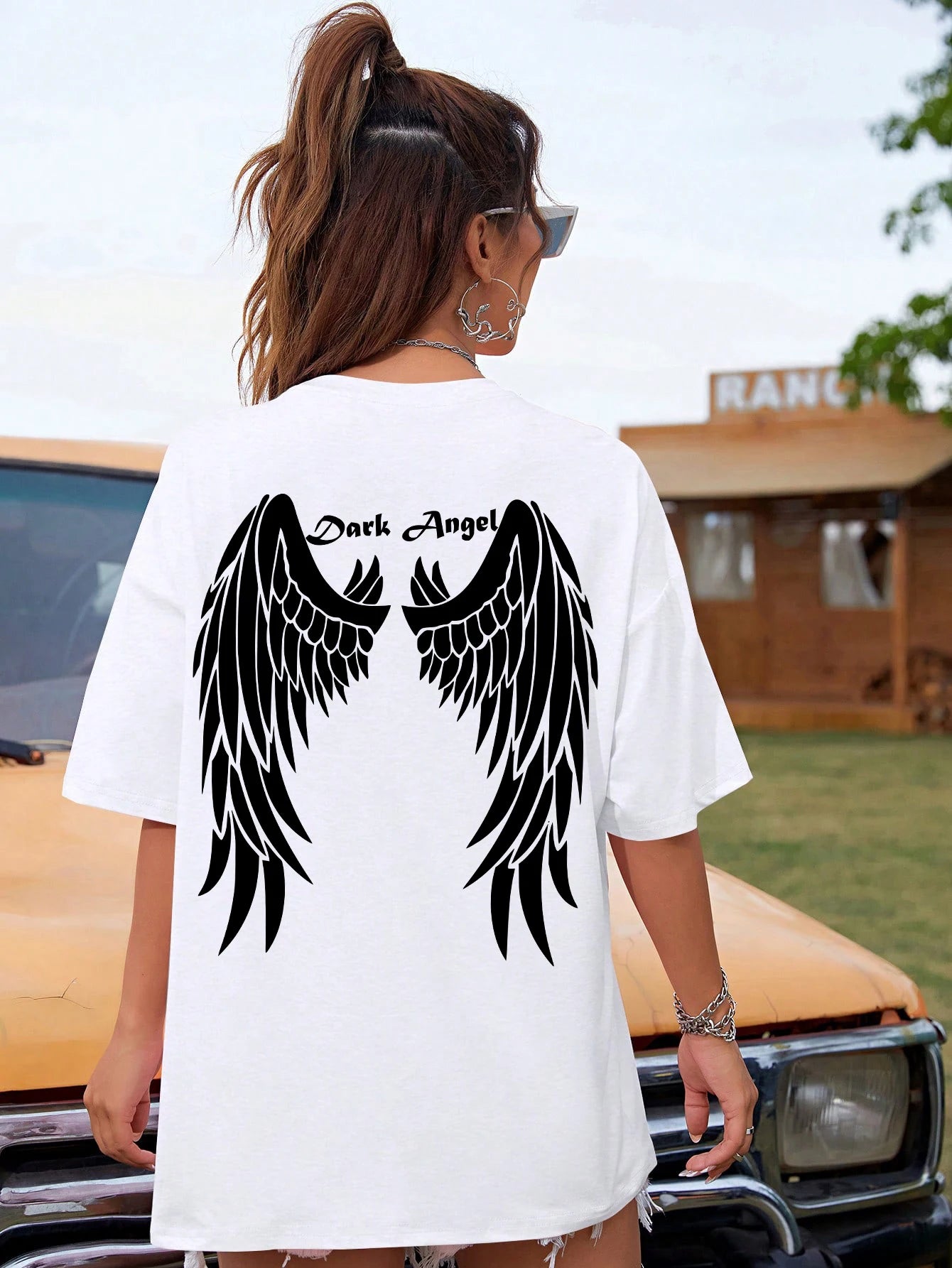 Angel Wings Back Graphic Oversized Tee with Short Sleeves — Y2K Grunge - BaeSprout.com
