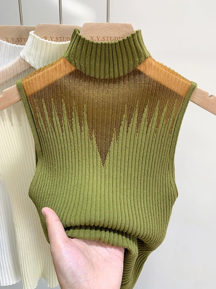Ribbed Turtleneck Knit Vest Sheer Cut - Out — Y2K Coquette Streetwear - BaeSprout.com