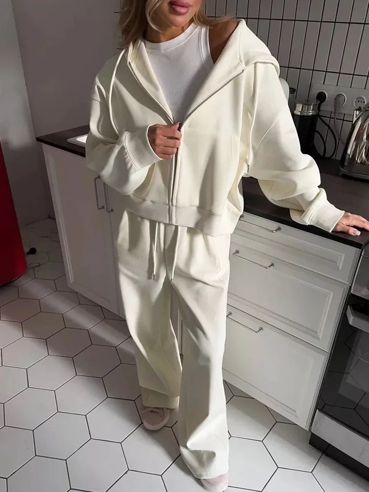 Zip - Up Hoodie Wide Leg Sweatpants Set Two Piece — Y2K Clean Girl Loungewear - BaeSprout.com