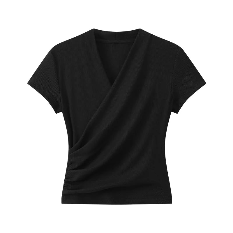Crossover V - Neck Ruched Crop Top with Short Sleeves — Korean Casual - BaeSprout.com