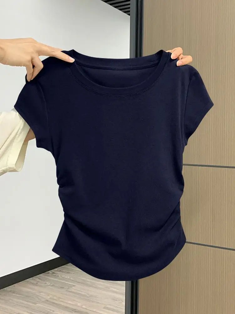 Ruched Side Tee Slim Fit Cap Sleeve Crew Neck — Clean Girl Everyday - BaeSprout.com