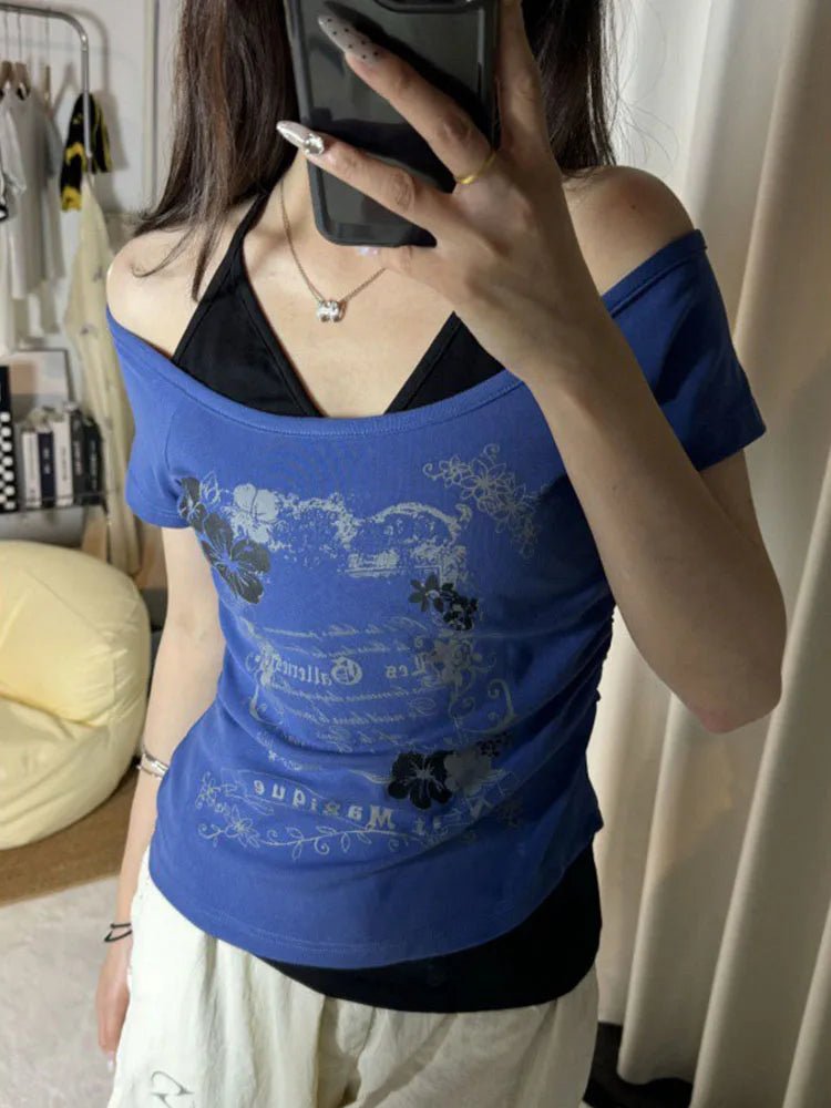 Floral Graphic Halter Tie Tee with Off - Shoulder Cut — Y2K Vintage - BaeSprout.com