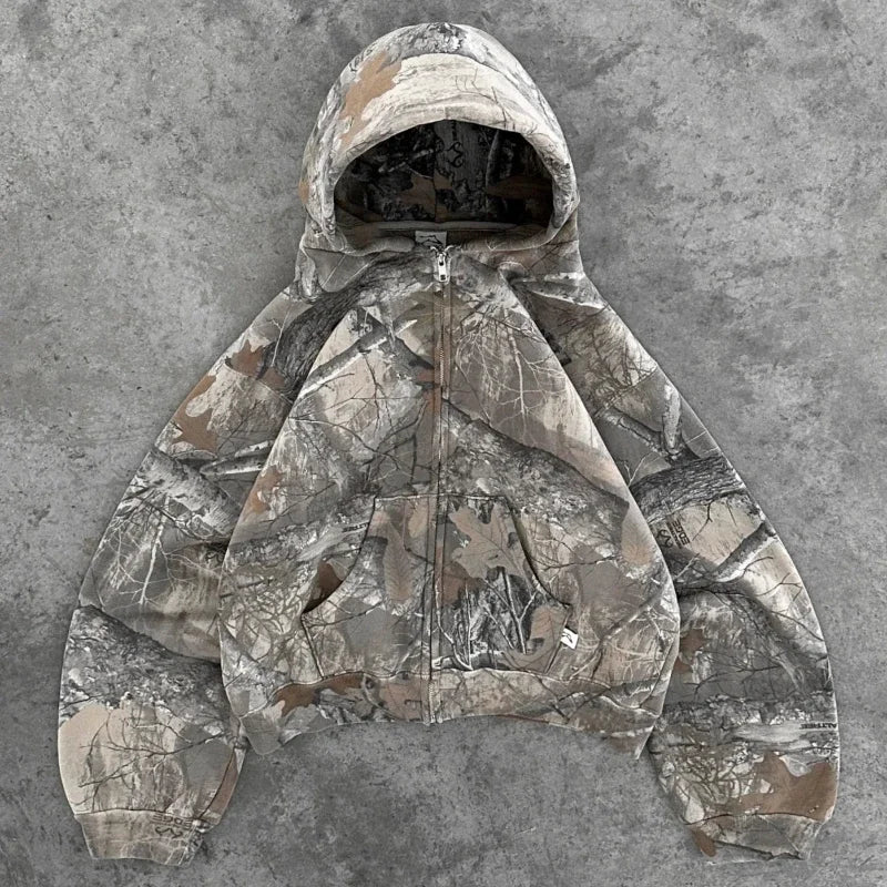 Camo Print Oversized Zip - Up Hoodie — Y2K Streetwear Everyday - BaeSprout.com