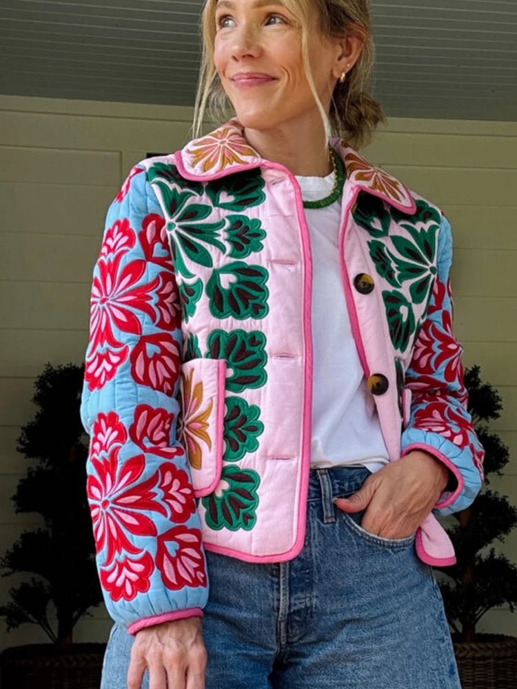 Vintage Floral Quilted Jacket Lapel Button - Up — Cottagecore Y2K Outerwear - BaeSprout.com