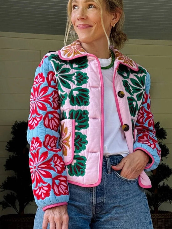 Vintage Floral Quilted Jacket Lapel Button-Up — Cottagecore Y2K Outerwear